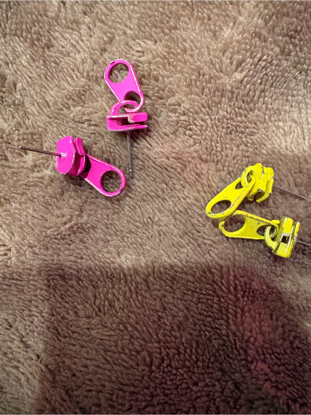 Neon Pink and Yellow Zipper Pull Stud Earrings &cat earrings